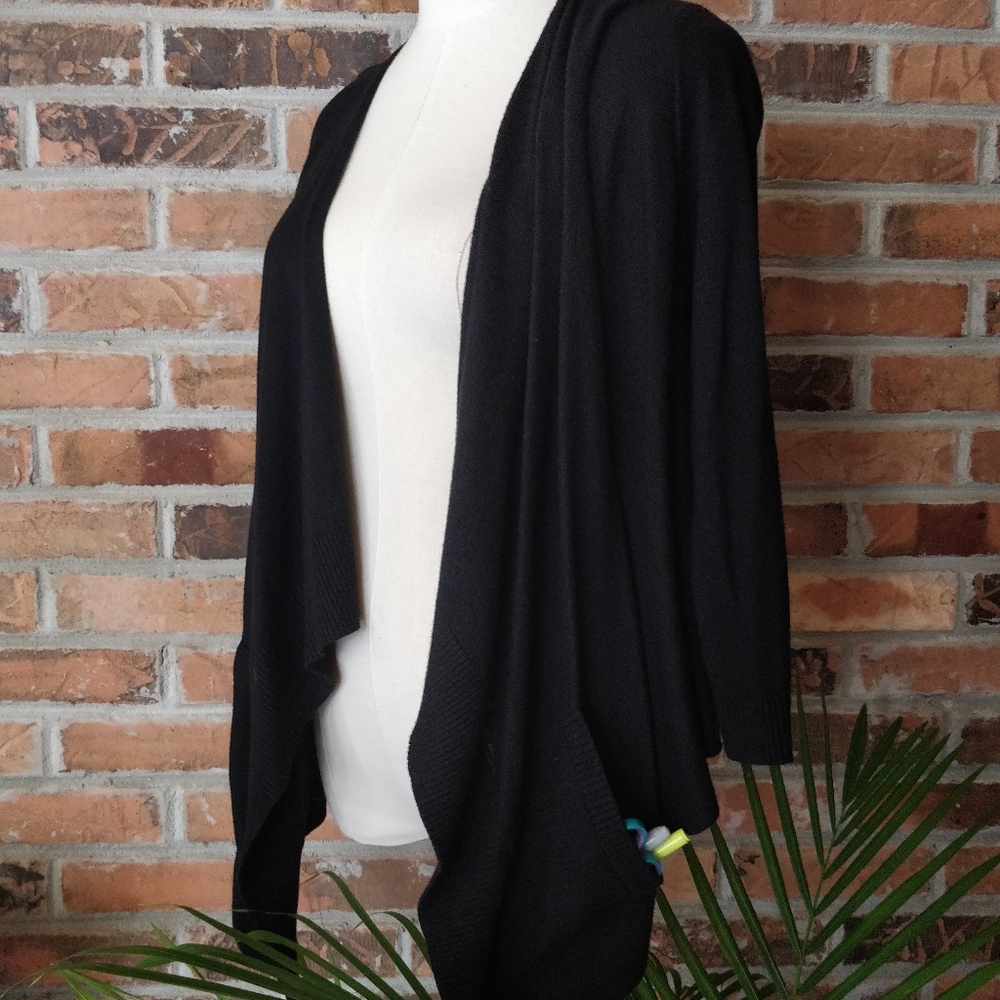 LOFT Black Knit High-Low Open Front Cardigan, Pockets, 3/4 Sleeve S Small c